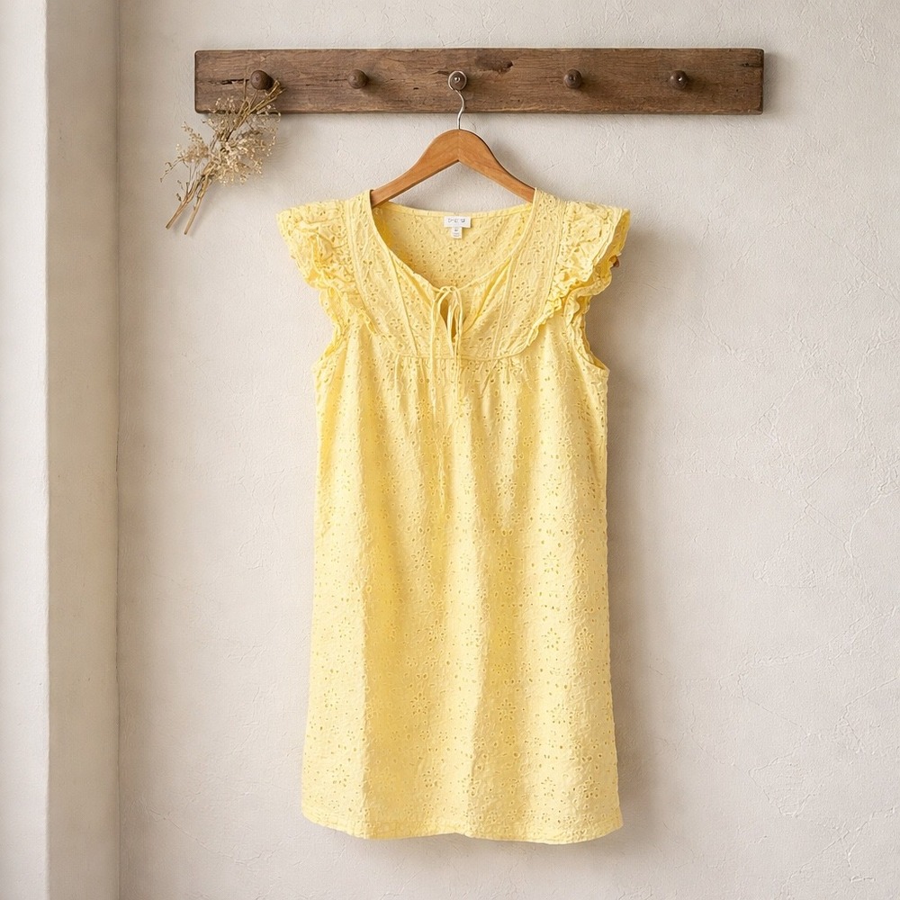 J.Crew‎ Yellow Eyelet Flutter Sleeve Dress Women's Size 6 Cottagecore  Prairie